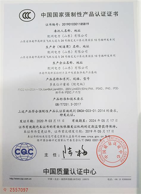 中国国家强制性产品认证证书_配网电力（山东）有限公司