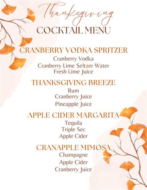 Thanksgiving Cocktail Menu Printable - Cocktails and Appetizers