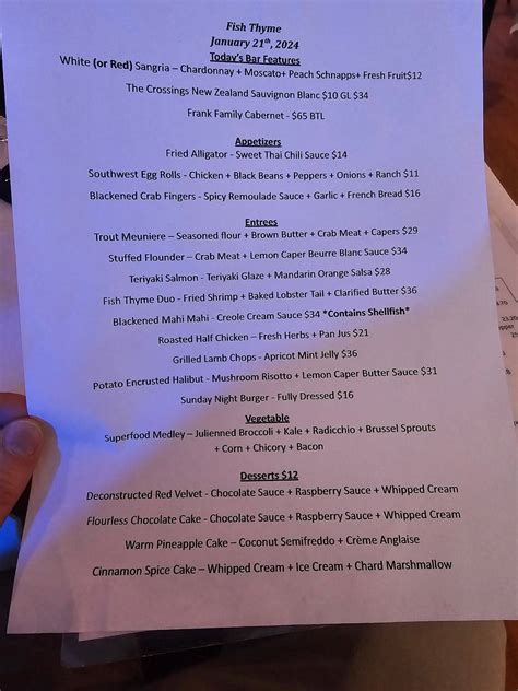 Menu at Fish Thyme Restaurant & Bar, Acworth