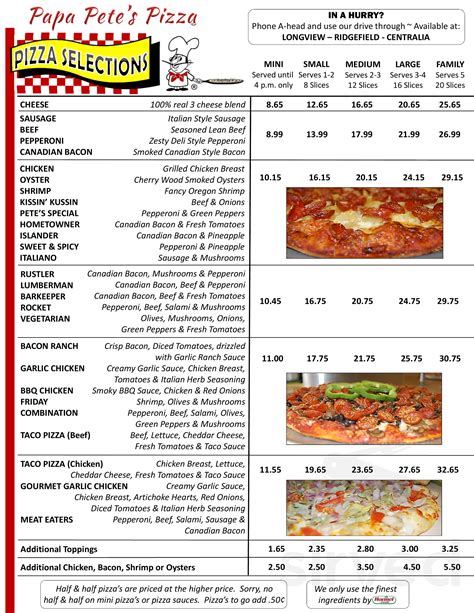 Menu for Papa Pete's Pizza in Ridgefield, WA | Sirved