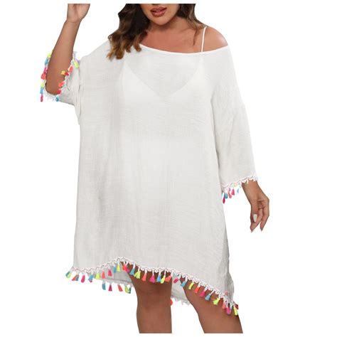Luxalzxs Plus Size Swimsuit Coverups for Women 3/4 Sleeve Fringe Trim ...