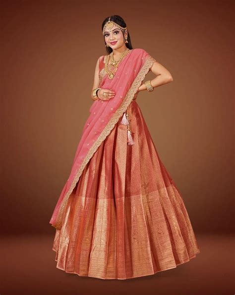 Maroon And Peach Kanjivaram Silk Half Saree With Zari Work