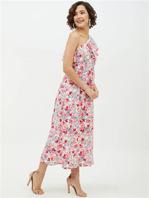Women's Floral One shoulder Polyester Crepe Long dress – Stylestone