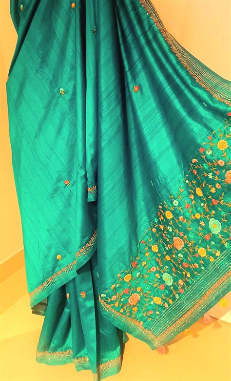 Emerald Green semi Tussar silk saree with hand embroidery – House of Shylee
