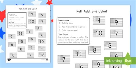 Independence Day Roll, Add, and Color Activity - Twinkl