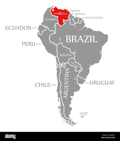 Venezuela red highlighted in continent map of South America Stock Photo - Alamy - map of america venezuela