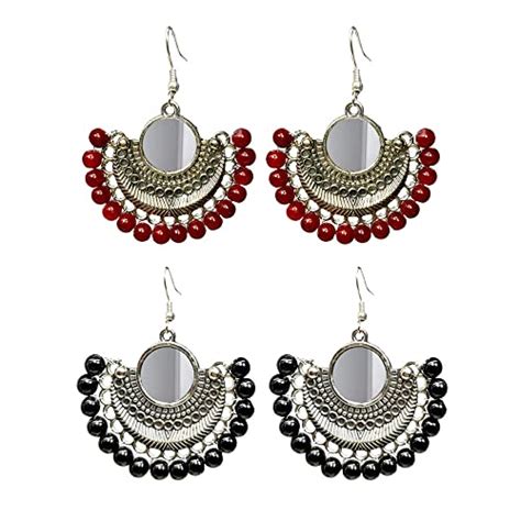 Buy ART SUNDARI Black and Maroon Mirror Chandbali Glass Beads Earring ...