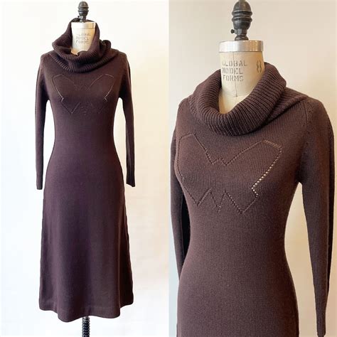 Vintage 70s Dark Brown Knit Dress With Cowl Turtleneck and Openwork ...
