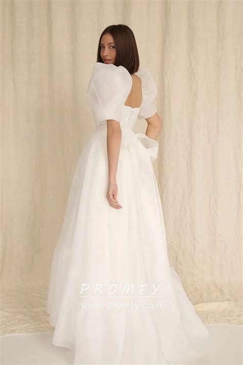 Square Neck Puff Sleeve Organza Second Wedding Dress - Promfy