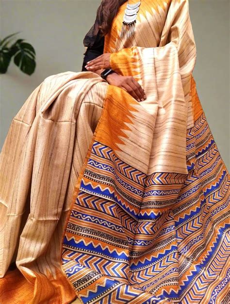 Printed Orange Temple Border Tussar Ghicha Silk Saree |Peepal Clothing