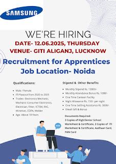 Samsung Apprentice Requirement from ITI pass Conduct Noida Vacancy ITI ...