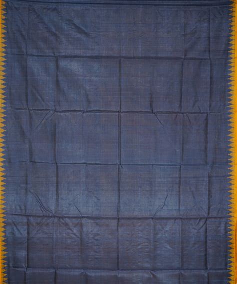 Serifed navy blue yellow tussar silk handloom saree – GoSwadeshi