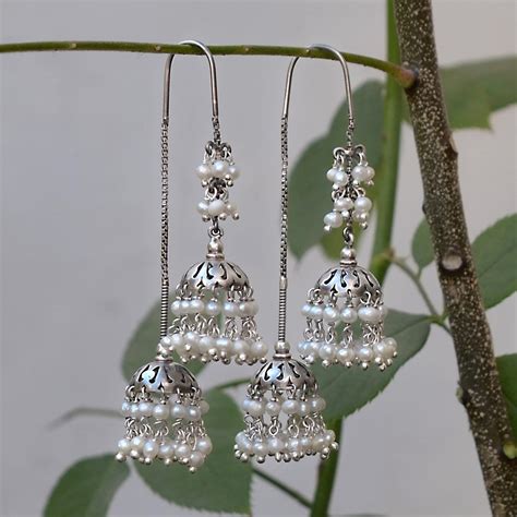 925 Silver Threader Double Jhumka Earrings Silver Chain - Etsy India