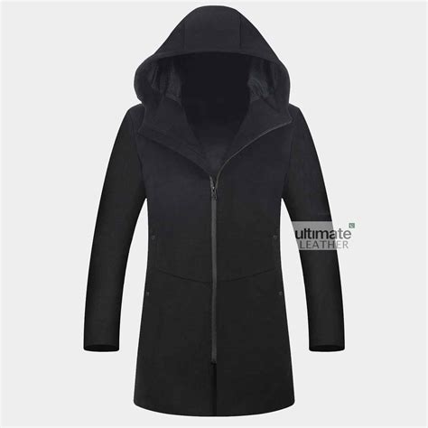 Mens Black Hooded Wool Trench Coat | Black Knee Length Coat