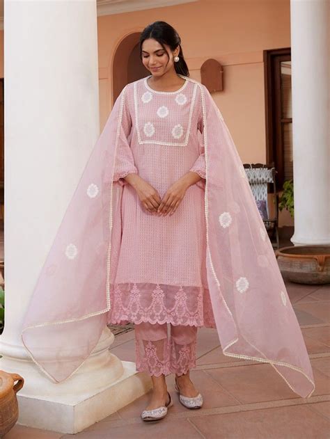 Buy Pink Embroidered Cotton Dobby Kurta with Pants- Set of 2 ...
