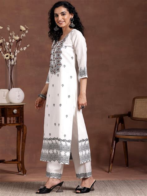 Buy White Woven Design Linen Straight Suit With Dupatta Online at Rs ...