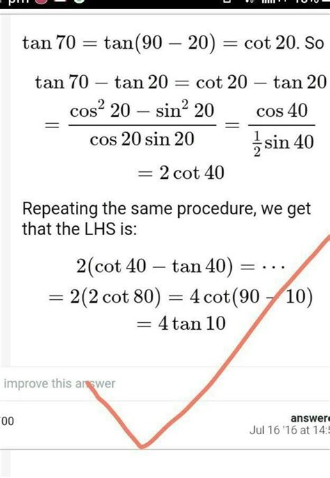 prove the following :- tan 70 = tan 20+2 tan 40+4 tan 10 - Brainly.in