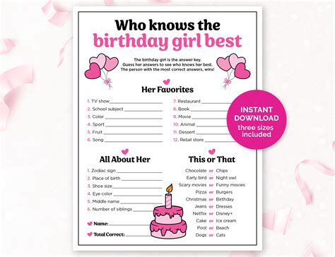 Who Knows the Birthday Girl Best, Printable Birthday Girl Trivia Game ...