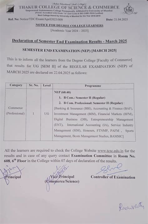 Result declaration Notice SEM 2 R NEP March 2025 - Thakur College of ...