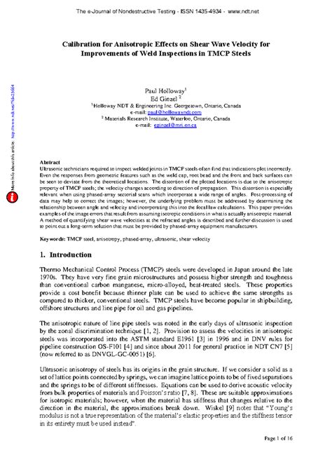 Calibration of Shear Wave Velocity for Weld Inspections in TMCP Steels ...