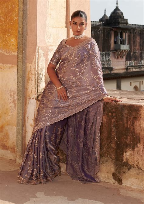 Buy Violet Cutdana Tissue Saree - Koskii
