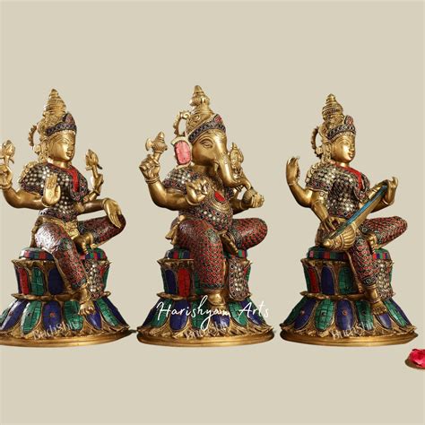 15" Pure Brass Idol Trio: Ganesh, Lakshmi, and Saraswati for Spiritual