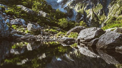Wallpaper mountains, rocks, stones, lake, reflection hd, picture, image
