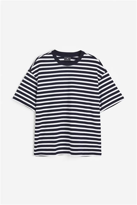 Relaxed Fit Cotton T-shirt - Navy blue/Striped - Men | H&M IN
