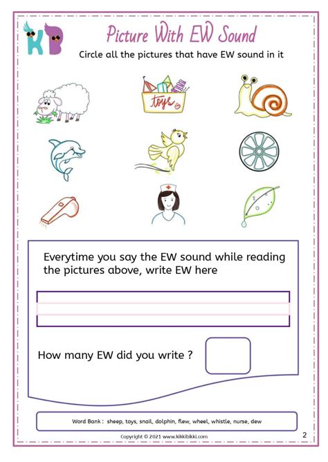 ew Sound - Free Phonics Printable Worksheets - KikkiBikki