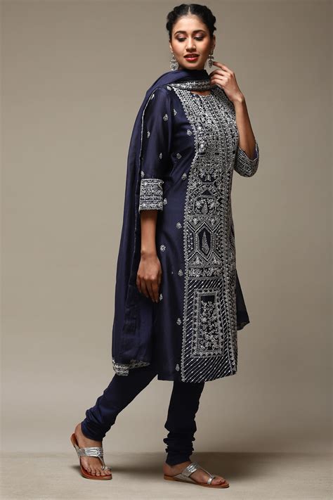 Navy Blue Cotton Blend Straight Kurta Churidar Suit Set