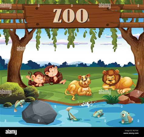 Monkey and lion in the zoo illustration Stock Vector Image & Art - Alamy