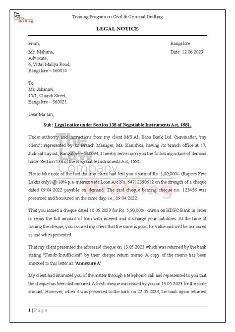 Legal Notice Template - Training Program on Civil & Criminal Drafting 1 ...