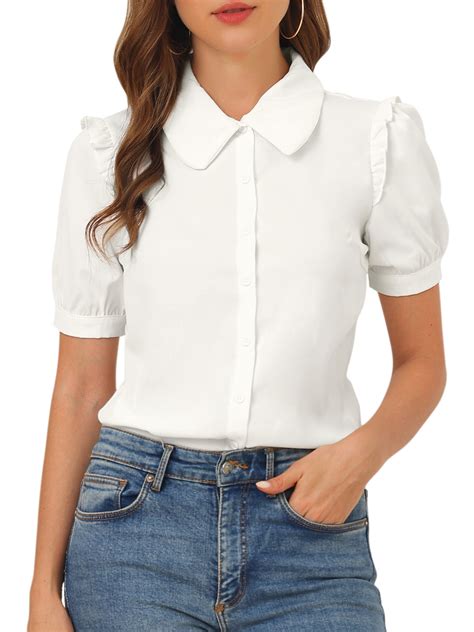 Allegra K Women's Collared Top Peter Pan Collar Short Sleeve Button Front Shirts - Walmart.com