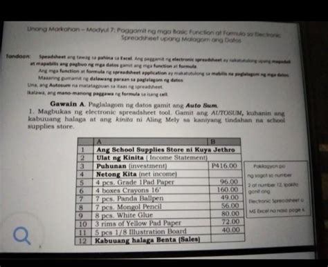 gumamit ng electronic spreadsheet upang malagom ang sumusunod na datos ...