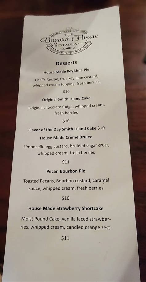 Menu at The Bayard House Restaurant, Chesapeake City
