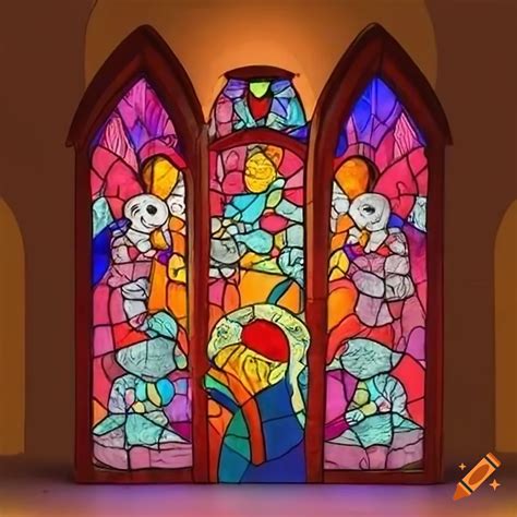 Stained glass window of puppet theater