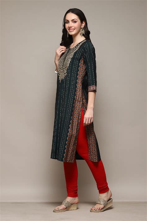 Bottle Green Poly Viscose Straight Printed Kurta at Biba India