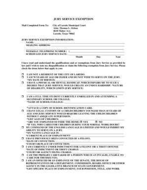 Fillable Online Jury Exemption Form - Laredo Fax Email Print - pdfFiller