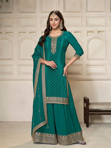 Teal Green Chinon Sharara Suit with Heavy Sequins Embroidery – Anant ...