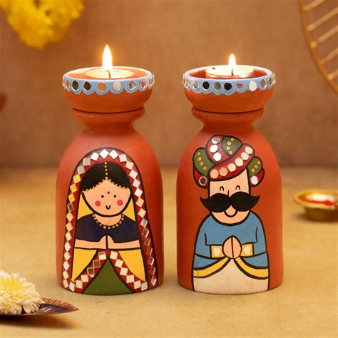 Buy Handpainted Raja-Rani Terracotta Tealight Holders Online On Zwende