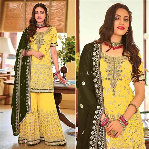 Yellow Embellished With Embroidered Georgette Sharara Suit