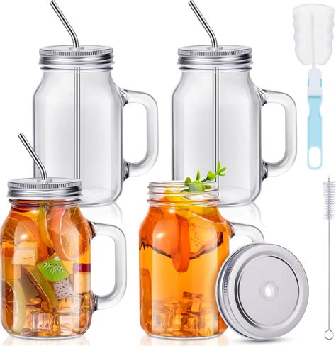 Amazon.com: Jinei 4 Sets 20 oz Mason Jar Drinking Glasses with Handle ...