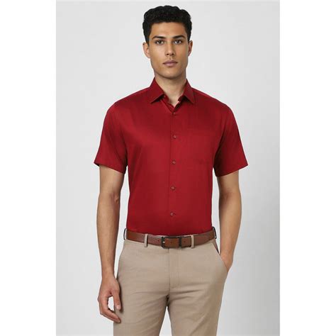 Buy Van Heusen Men Red Regular Fit Solid Half Sleeves Wedding Shirt Online