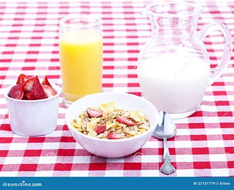 Breakfast of Cereal, Fruit, Orange Juice and Milk Stock Image - Image ...