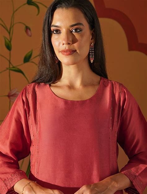 Shop Jaypore Women Red Viscose Linen Embroidered Round Neck Straight ...
