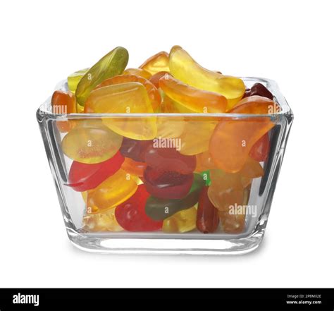 Tasty jelly fruit shaped candies in bowl on white background Stock ...