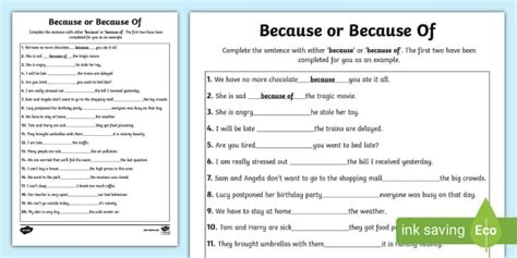 ESL Because and Because of Worksheet (teacher made) - Twinkl