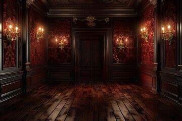 A dark room with a red wall and a wooden floor and a red wall with a ...