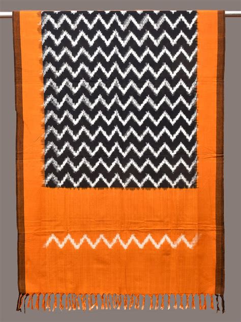 Yellow and Black Pochampally Ikat Cotton Handloom Dupatta with Zig-Zag ...