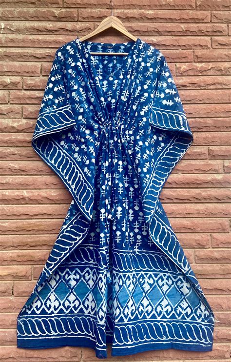 Indigo Arrow Floral Block Print Cotton Kaftan Dress / Nighty / Night D ...